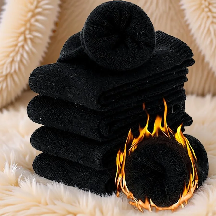 5 Paar schwarze Wintersocken für Herren, verdickt und warm, kältebeständig, mit Innenfutter aus Frottee, warme, mit Fleece gefütterte Socken bis zum Knie für Herbst und Winter, hohe Socken, bequem und