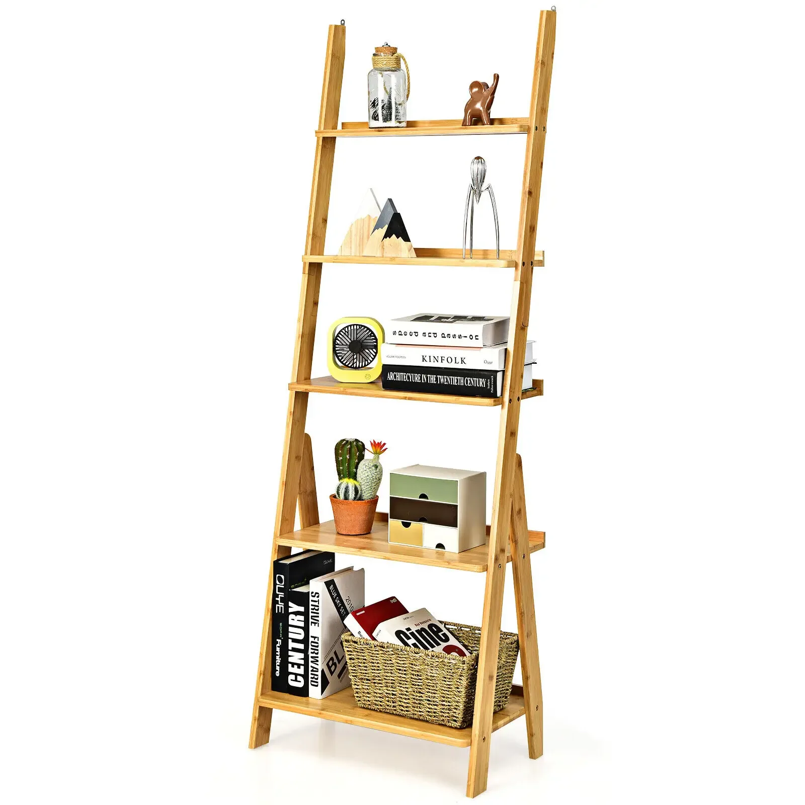 Safe Costway 5-Tier Bamboo Ladder Shelf Bookshelf Display Storage Rack Flower Stand Natural