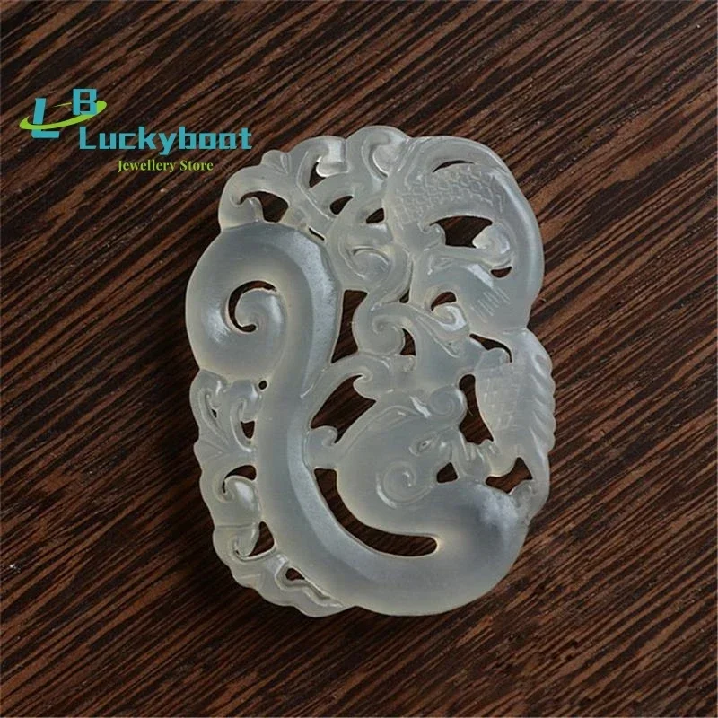 Natural Xiu Jade Dragon and Phoenix Jade Pendant Blessed Genuine Hand Carved Retro Hollow Dragon Phoenix Auspicious Necklace