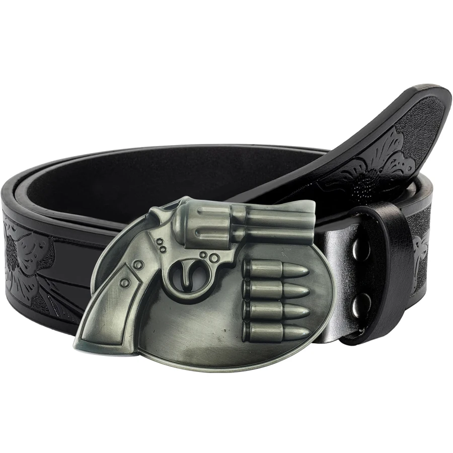 1pc men's Western style belt, vintage gun, carved floral patterns and long horn decorations, vintage style, great Valentine's Da
