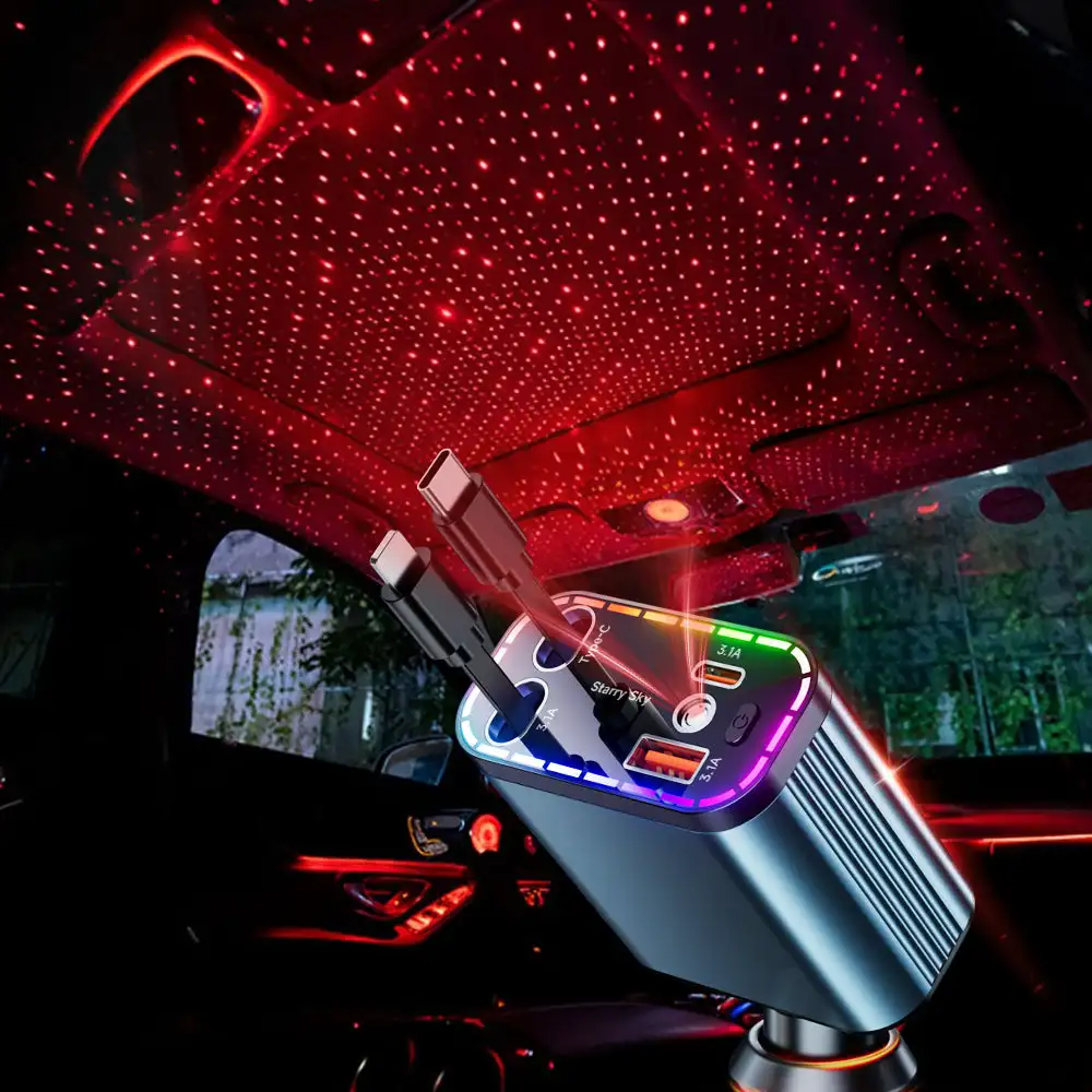 Retractable Car Charger Starry LED Cabin Light Dual Built In Cables Multi Device Quick Daily Charging USB C and A Ports Adjustable Socket Cord Organizer Vehicle Interior Accessories Road Trip Travel Console Power Adapter Gray Compact Gift Driver Passenger