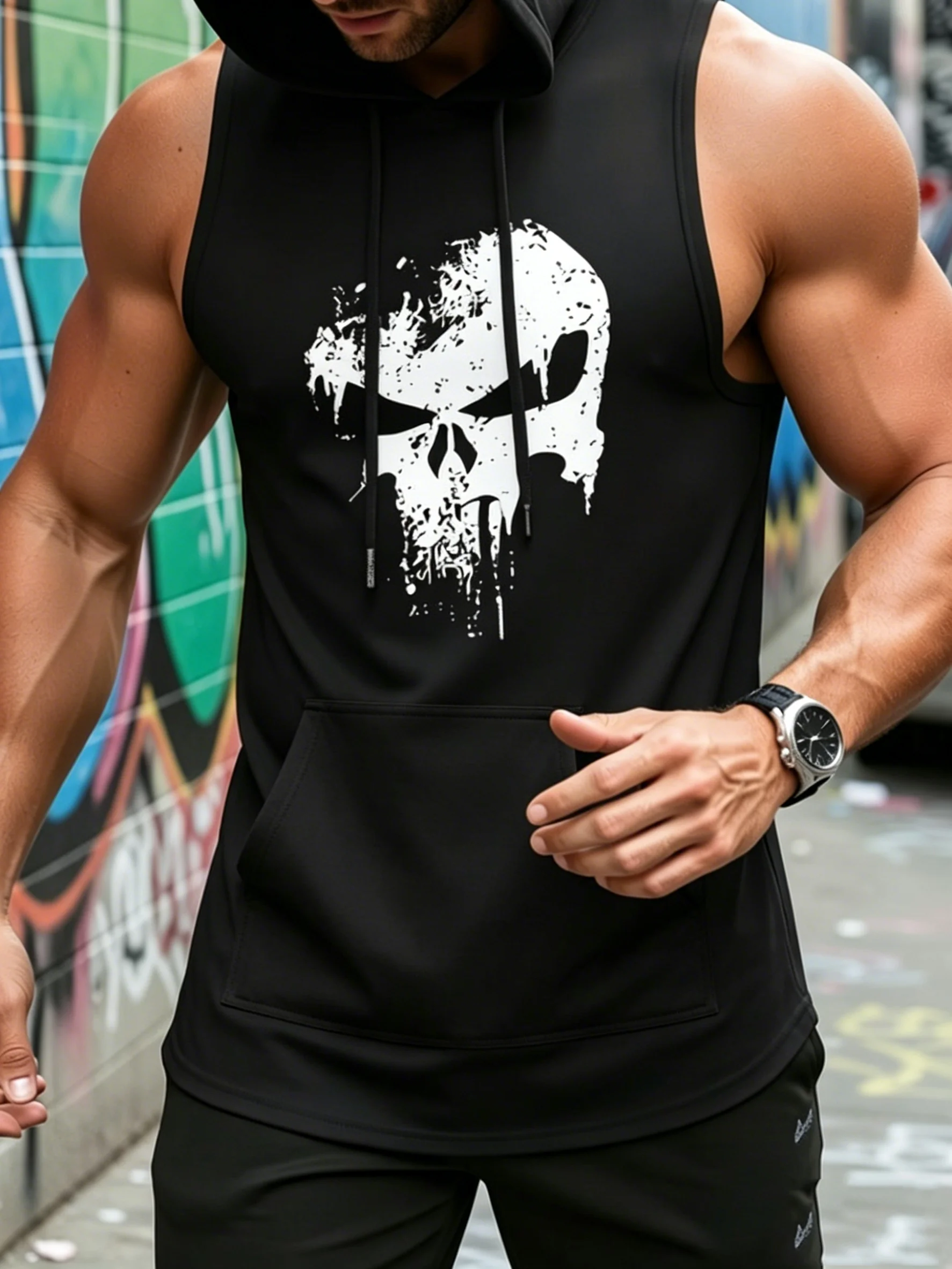 Men's Old School Gym Print Sleeveless Hoodie Tank Top - Bodybuilding Workout Hooded Vest, Breathable Muscle Fitness T-shirt for
