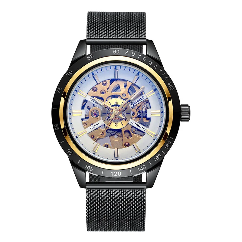 Men’s *Automatic Mechanical Watch Mesh Strap Skeleton Dial Luminous Transparent Case Luxury Wristwatch