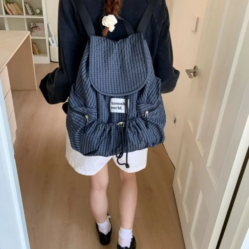 

Trendy Solid Color Drawsting Backpacks Korean Nylon Ruched Shoulder Bags Light Weight Casual Student Schoolbag Teenagers