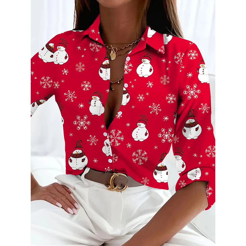 Women Blouse Christmas Allover Print Button Front Shirt Casual Long Sleeve Shirt For Spring & Fall Women\'s Hemp Fiber Clothing