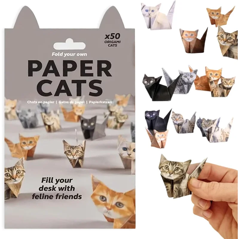 Gats en papier DIY - 50 feuilles de papier Origami DIY pour plier des figurines de chat mignonnes, décoration de bureau d'activité artisanale amusante et cadeau pour les amoureux des animaux de compagnie