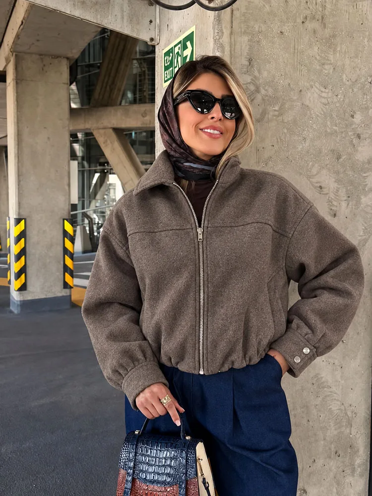 HH Women Fall Winter Oversized Jacket Vintage Zip Up Bomber Coat with Puff Sleeves Relaxed Fit and Elastic Hem For Daily Outfits