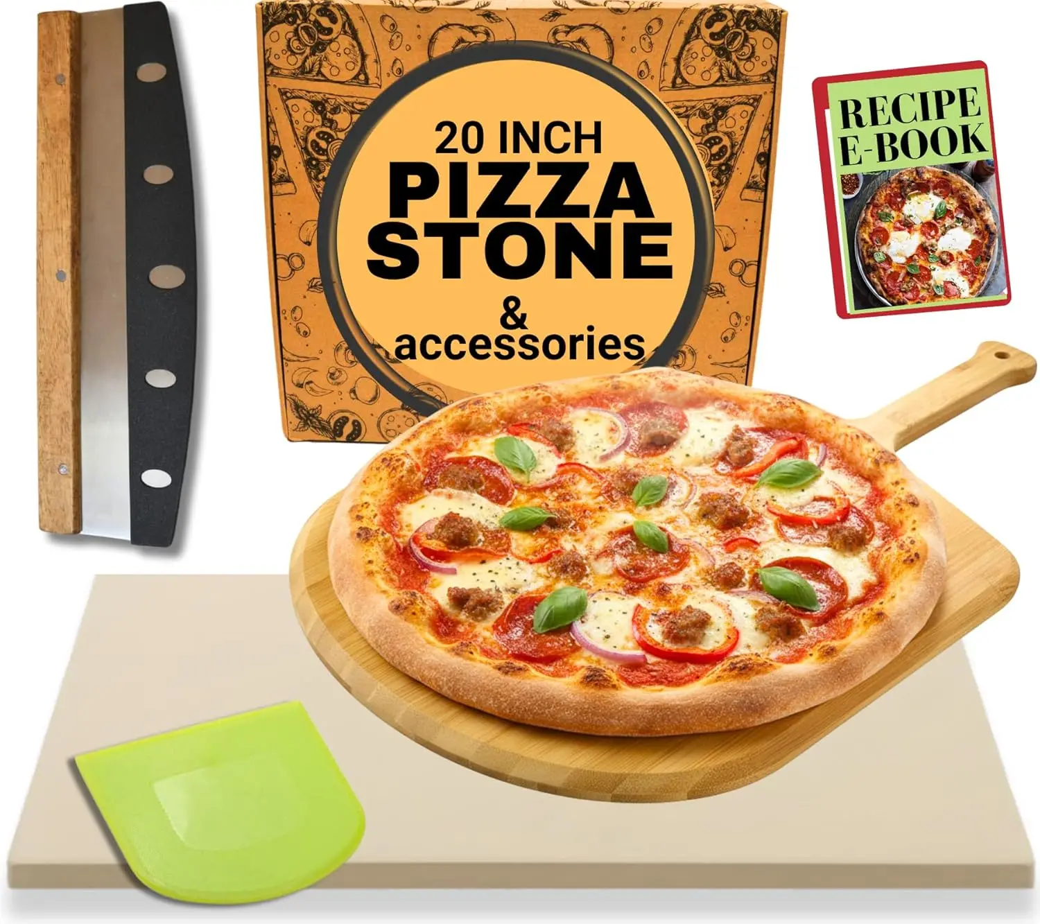 

Большой камень для духовки 20 дюймов — прямоугольный камень для гриля с кожурой по дереву, набором инструментов для теста и резаков — B