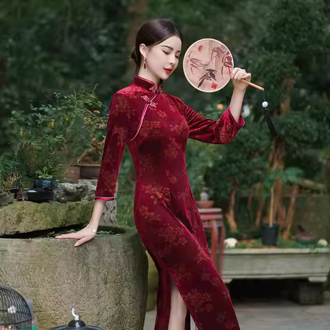 Autumn New Arrived Dress Women Velour Cheongsam Improved Plus Size 5XL Dress Chinese Evening Dresses Show Long Qipao Costume