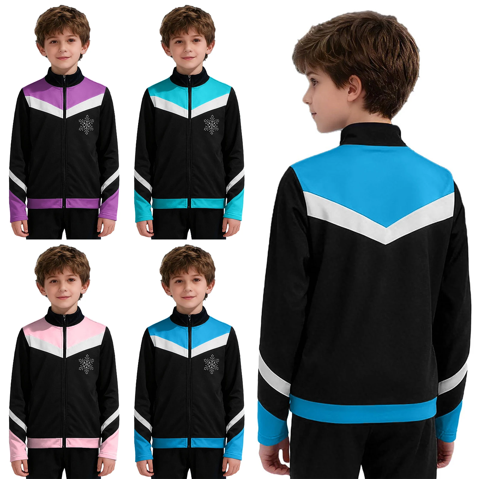 Kids Boys Figure Skating Jacket Training Dance Gymnastics Costume Top Long Sleeve Fleece Lining Rhinestone Snowflake Jacket Coat