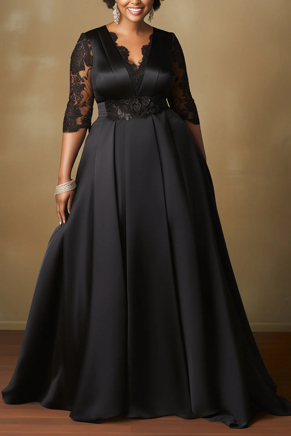بالإضافة إلى حجم الزفاف الأسود الخامس الرقبة نصف كم انظر من خلال فساتين ماكسي أنيقة من الدانتيل الساتان التباين #3