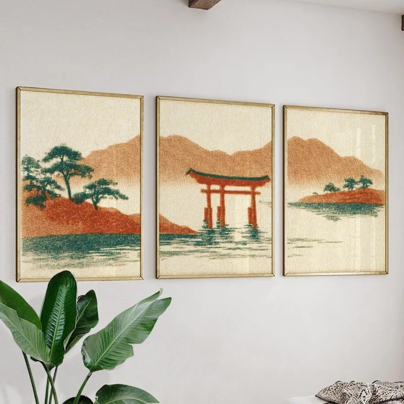 3pcs frameless Canvas Painting 3pcs Minimalist Japanese Torii Gate Coastal Scenery Poster Stylish Retro Seascape Frameless Canva