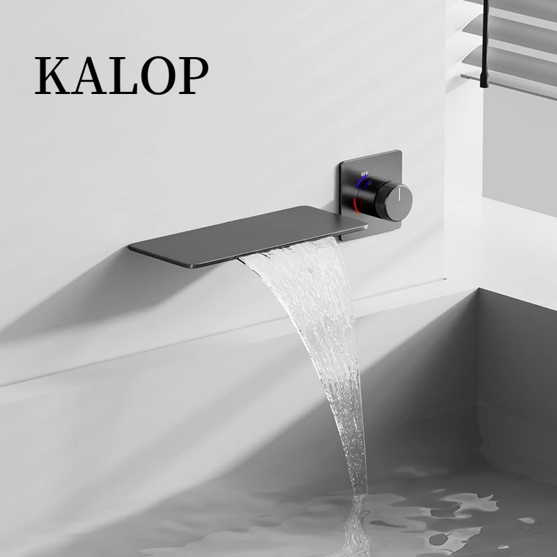 

KALOP concealed bathtub waterfall faucet full copper construction with gun gray pre-Embedded wallmounted side faucet for bathtub