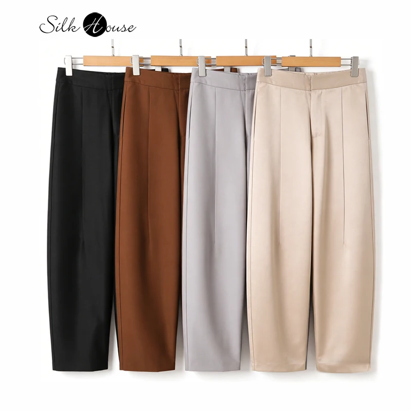 

Luxury Heavyweight 40% Natural Mulberry Silk 30% Wool Elastic Waist Pocket Design Solid Color Women's Fashionable Suit Pants