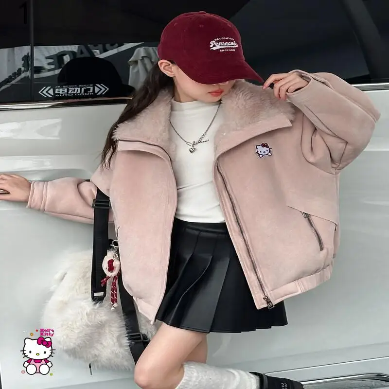 

Sanrio Hello Kitty Girl Coat Kawaii Y2K Anime Children's Clothing Casual Kids Clothes Elementary Student Imitation Fur Outdoor