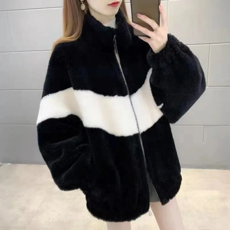 Lambswool Particle Hoodie Jacket Women\'s Fashion Splice Zipper Winter Coat Female Fashion Splice Plush Sweatershirt Ladies 2917