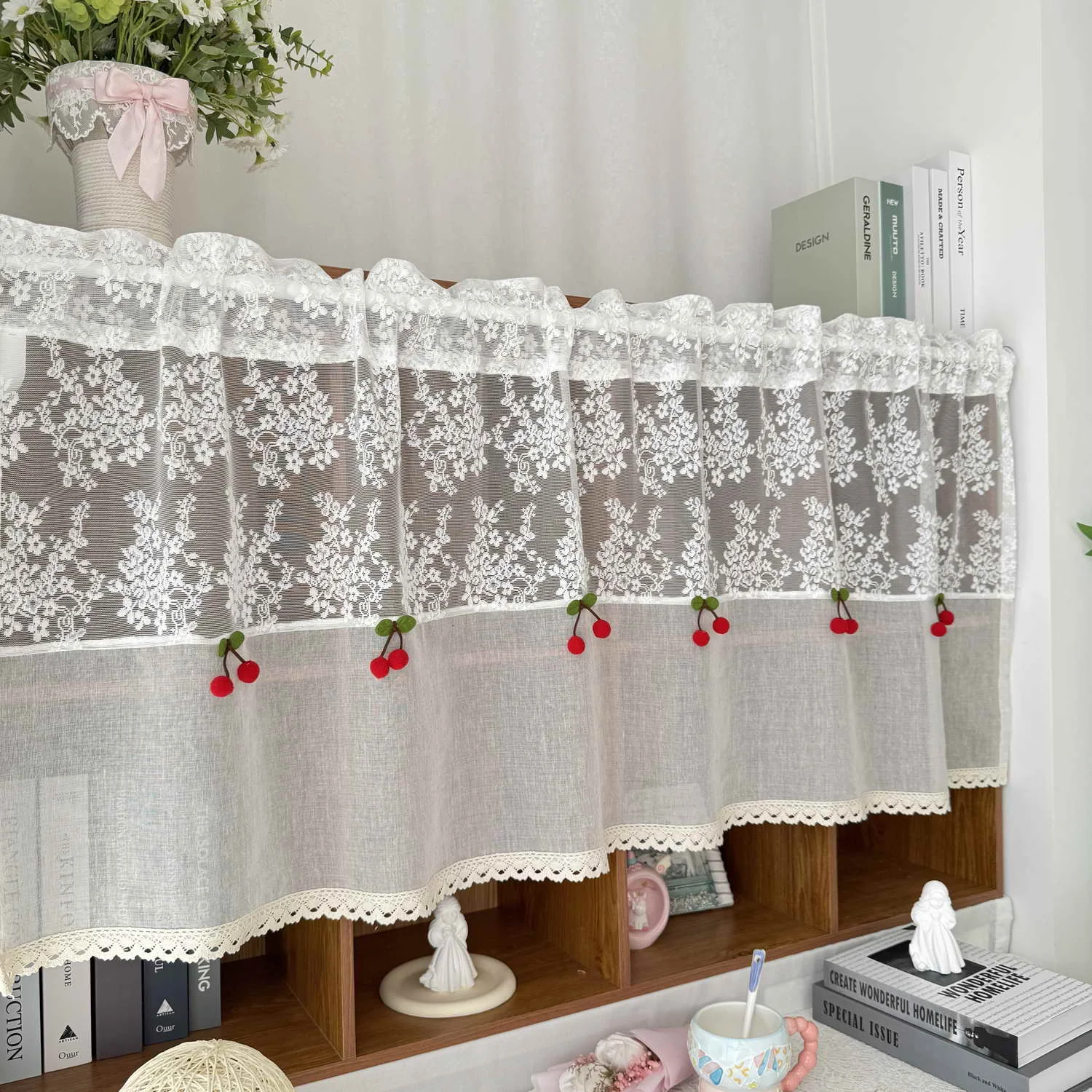 Jacquard Lace Sheer Short Curtain With Cherries Splicing Hollow Lace Farmhouse Curtains for Kitchen, Cafe, Bedroom, Small Window