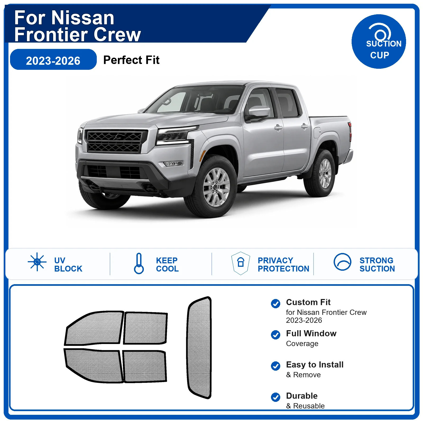 For Nissan Frontier Crew 2023-2026 Custom Full Set Windshield Sun Shade Aluminum Foil Heat Insulation Anti UV Foldable