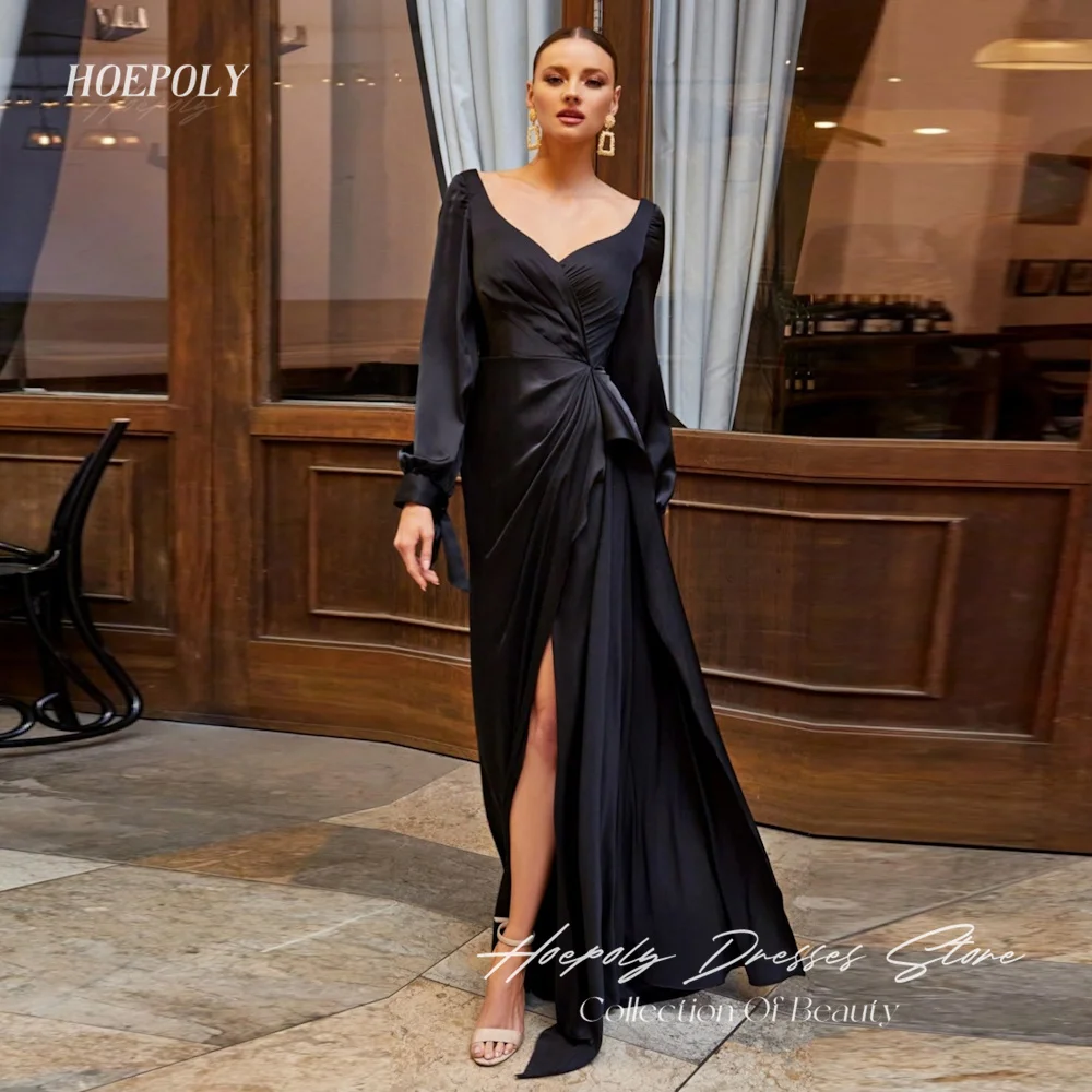 

Hoepoly Satin A-line V-neck Ruffle Arab Prom Gown Floor-length Saudi Elegant Formal Evening Party Dress for Women 2023