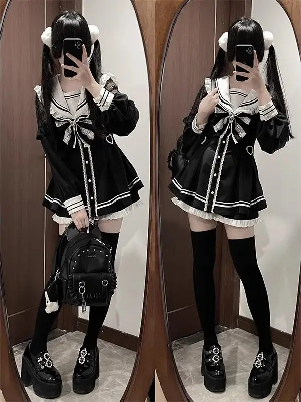 Gaun Mini ramping lengan panjang berenda kerah pelaut gaya Jepang gaun Mini pinggang tinggi celana pendek bawah manis Lolita Set dua potong wanita