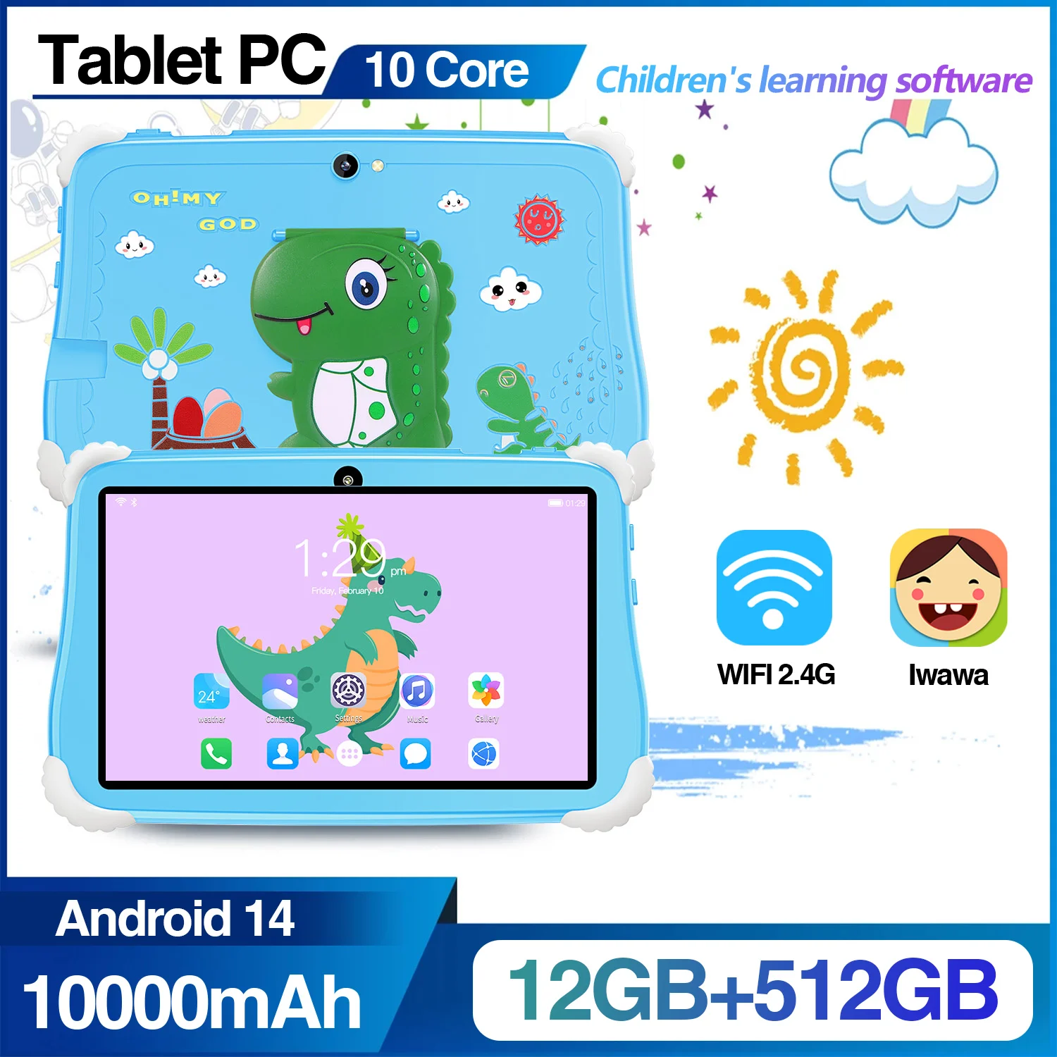 2024 nueva tableta para niños 4GB 128GB WiFi Bluetooth a prueba de golpes funda de dinosaurio juguetes educativos de iluminación tabletas populares 2024