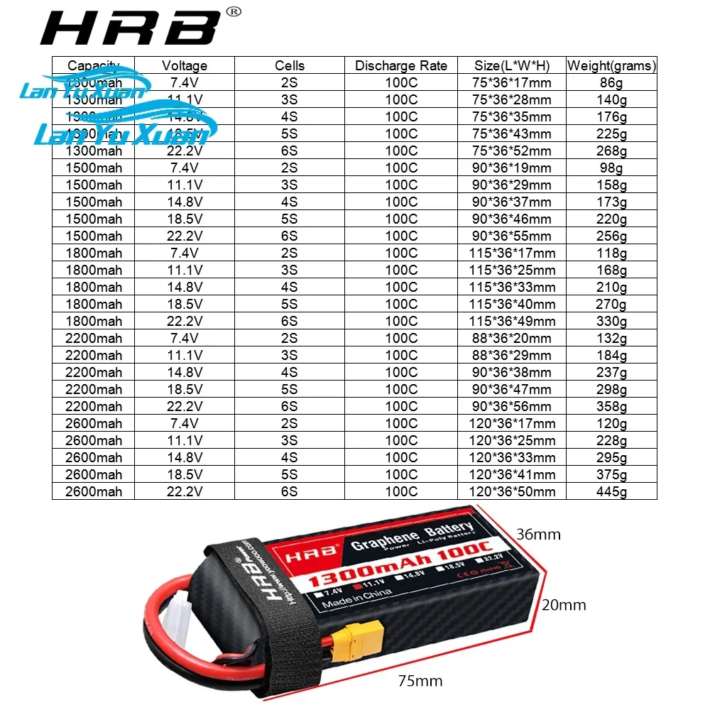 2PC  2S 3S 4S 6S Lipo Battery 1300mah 1500mah 1800mah 2200mah 2600mah 100C Graphene  RC  with Deans XT60 Connector