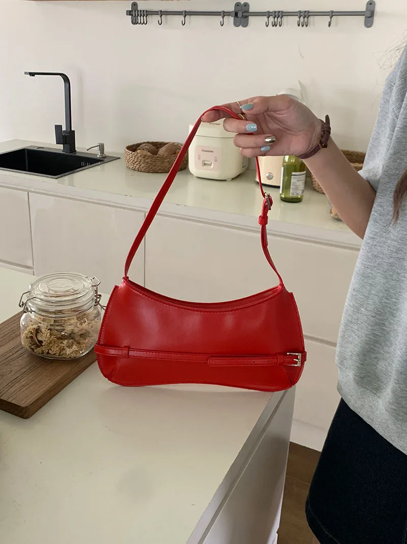 Sac à Main en Cuir de Vache Rouge pour Femme, Design de Niche Français, Haut de Gamme, ixde Mariage, Mode, Déterminer Sous les Bras, Baguette, 1