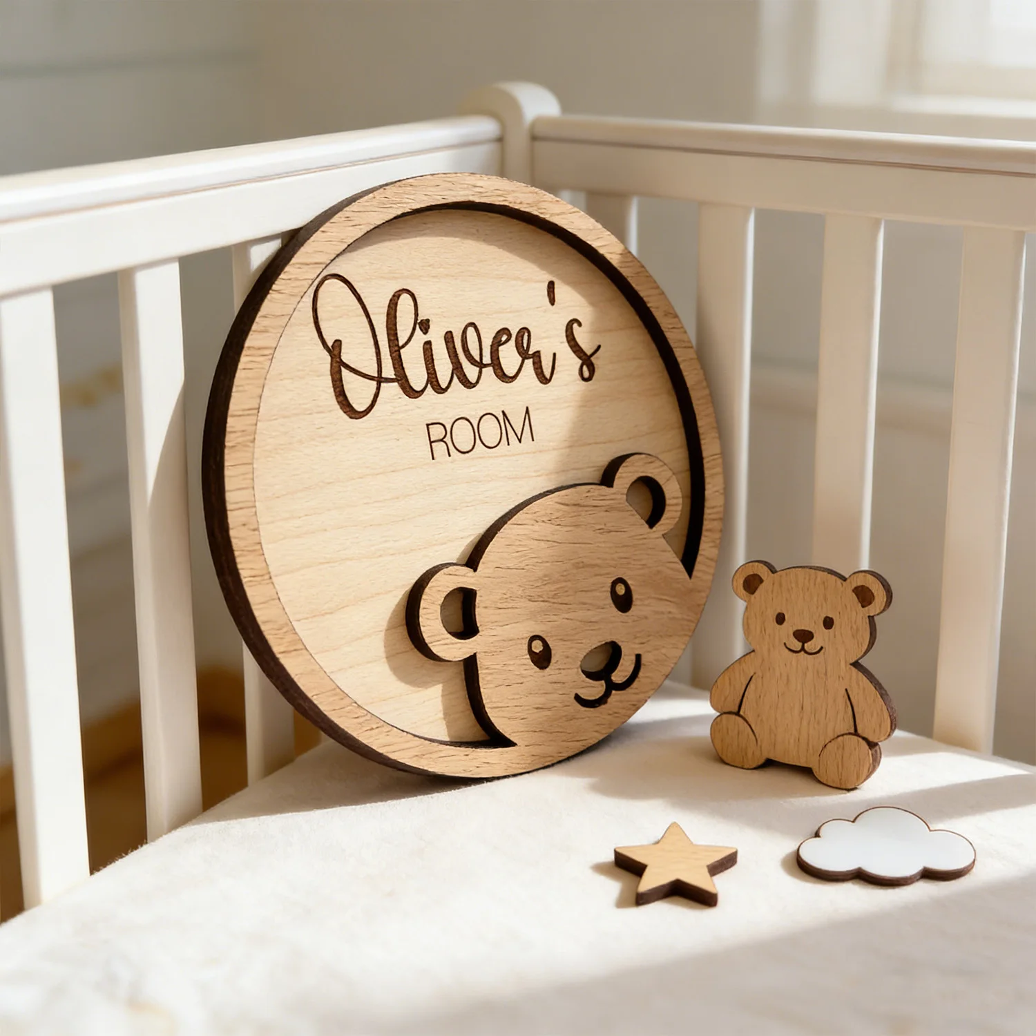 1pc Customizable Teddy Bear Shaped Wooden Decorative Plaque, Wall Decoration, Baby Room Decoration, Multi Scene Decoration