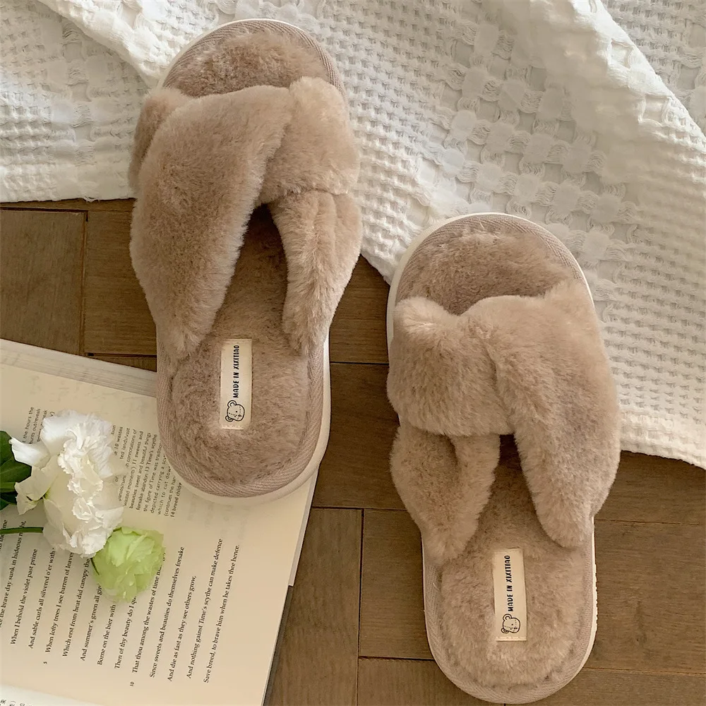 2022 New Fashion Cross Fluffy Fur Slippers Women Winter Home Fur Home Slippers Flat Indoor Floor Shoes Home Indoor Warm Slippers