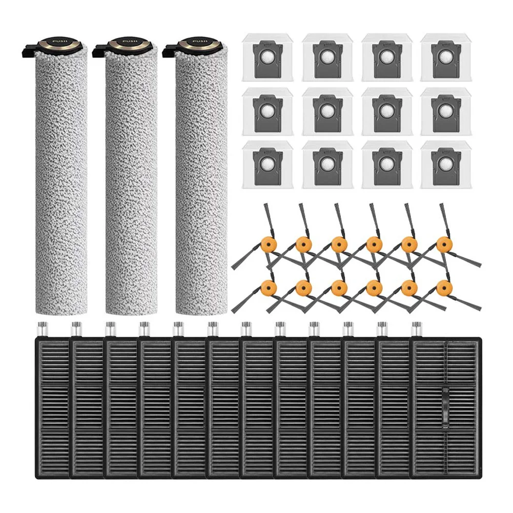 3 Roller Brushes 12 Side Brushes 16 Dust Bags 12 Filters Replacement For Kit For Dreame Aqua20 For Pro Ultra Robot Vacuum