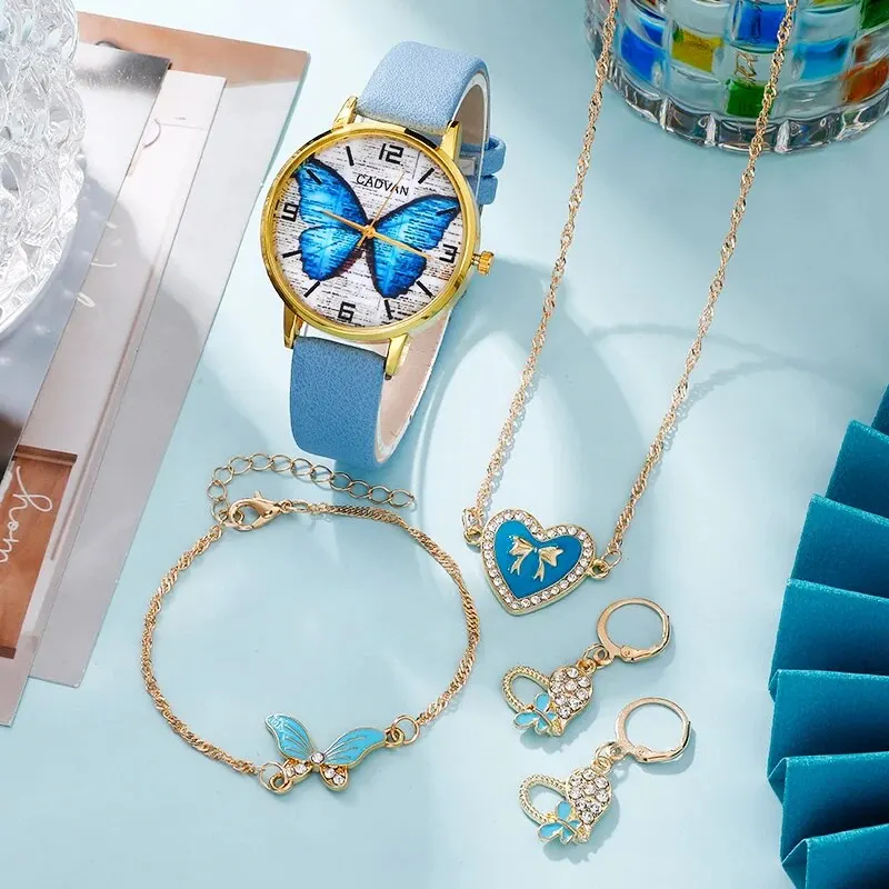 New Blue Butterfly Watch Set for Women Fashion Casual Quartz Wristwatch Ladies Elegant Leather Band Bracelet Watches Gifts