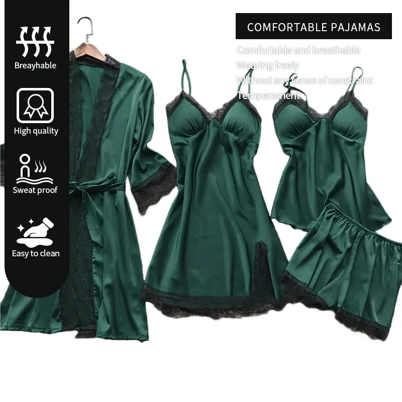 Four Piece Set of Women\'s Green Lace Trimmed Pajama Set Women\'s Home Long Robe Paired with Suspender Straps Pajama Set