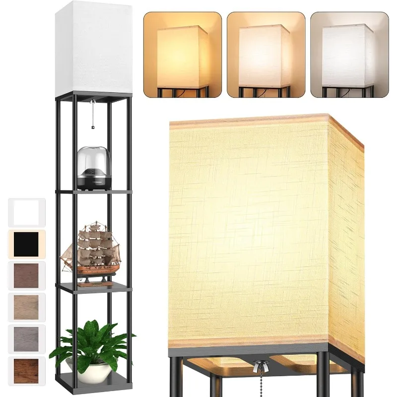 Floor Lamp with Shelves for Living Room, Shelf Floor Lamp with 3 CCT LED Bulb, Corner Display Standing Column Lamp Etagere