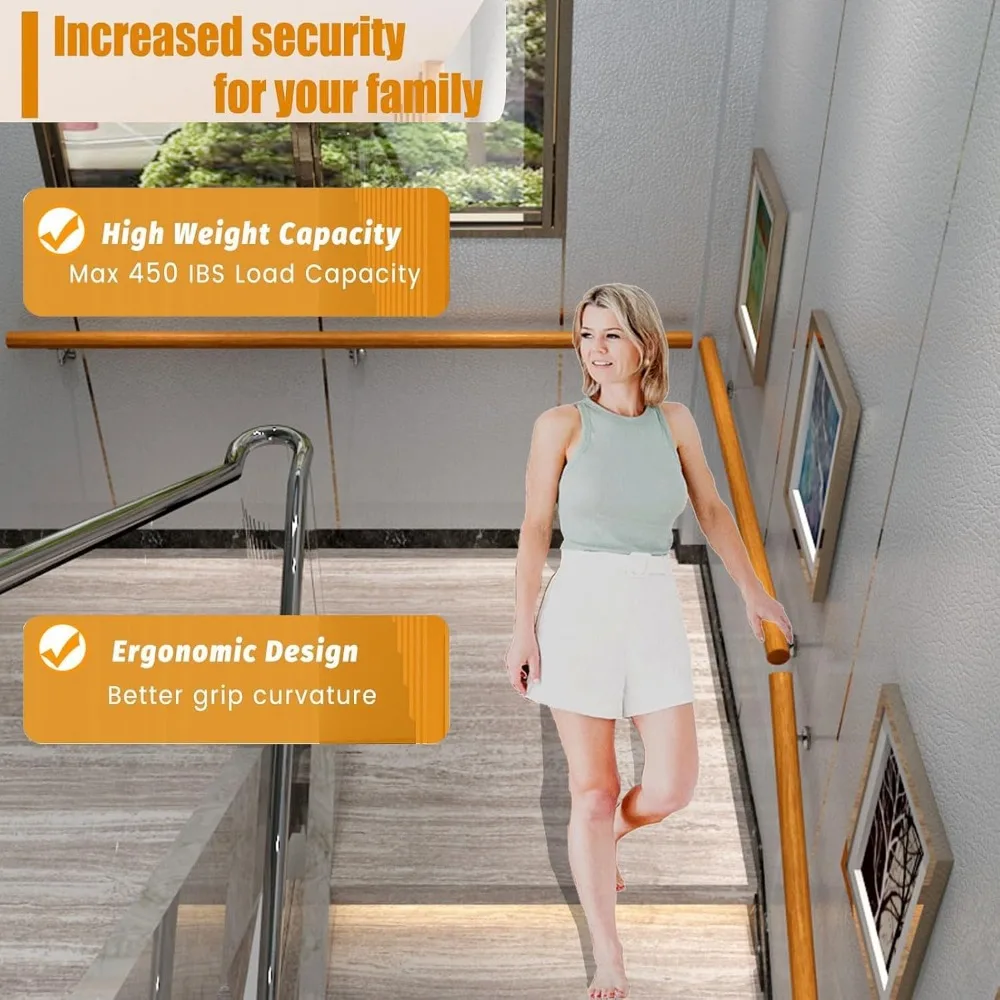 طقم حاجز سلالم داخلي مضاد للانزلاق، درابزين خشبي بطول 5 أقدام مع دعامات معدنية، نظام تركيب كامل على الحائط آمن #5