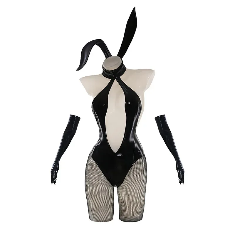 

Japanese Illustration Bunny Girl Uniform Deep V-neck Hollow Leather Bodysuit Headband Mask Outfits Cosplay Costumes