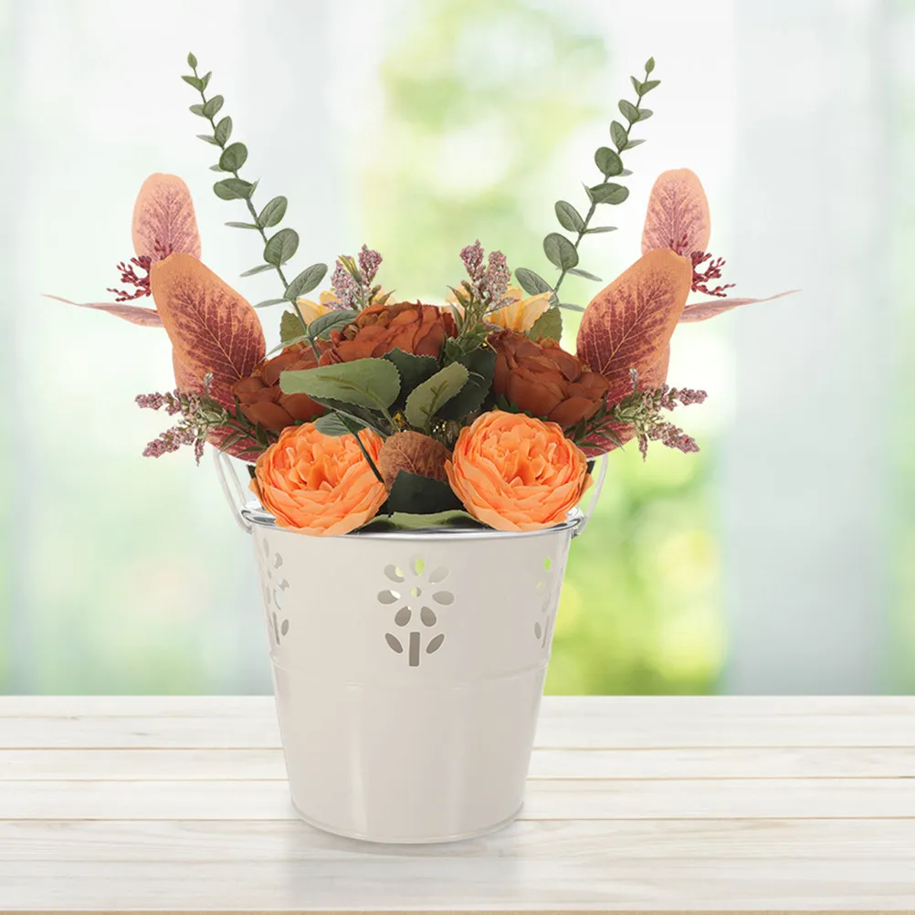 Delicate Hollow Pattern Flower Bucket Retro Iron Planter Artistic Flower Pot Decoration Home Office Balcony Floral Arrangement