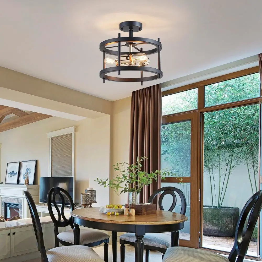 Afbeelding 6: Mossi industriële zwarte plafondlamp met gouden accenten, 3-lichts semi-inbouw plafondlamp, moderne vintage E27 Chand