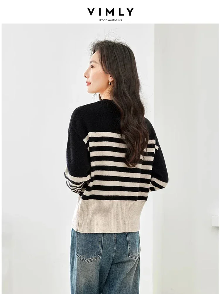 Vimly Women's Contrast Striped Knitted Sweater 2023 Winter Pullover Jumper Long Sleeve Tops Casual Thick New in Knitwears 72535