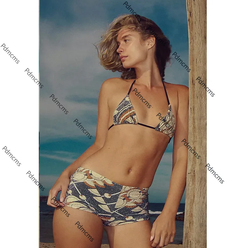 

2025 new printed three-point bikini sexy European and American neck strap split women's swimsuit