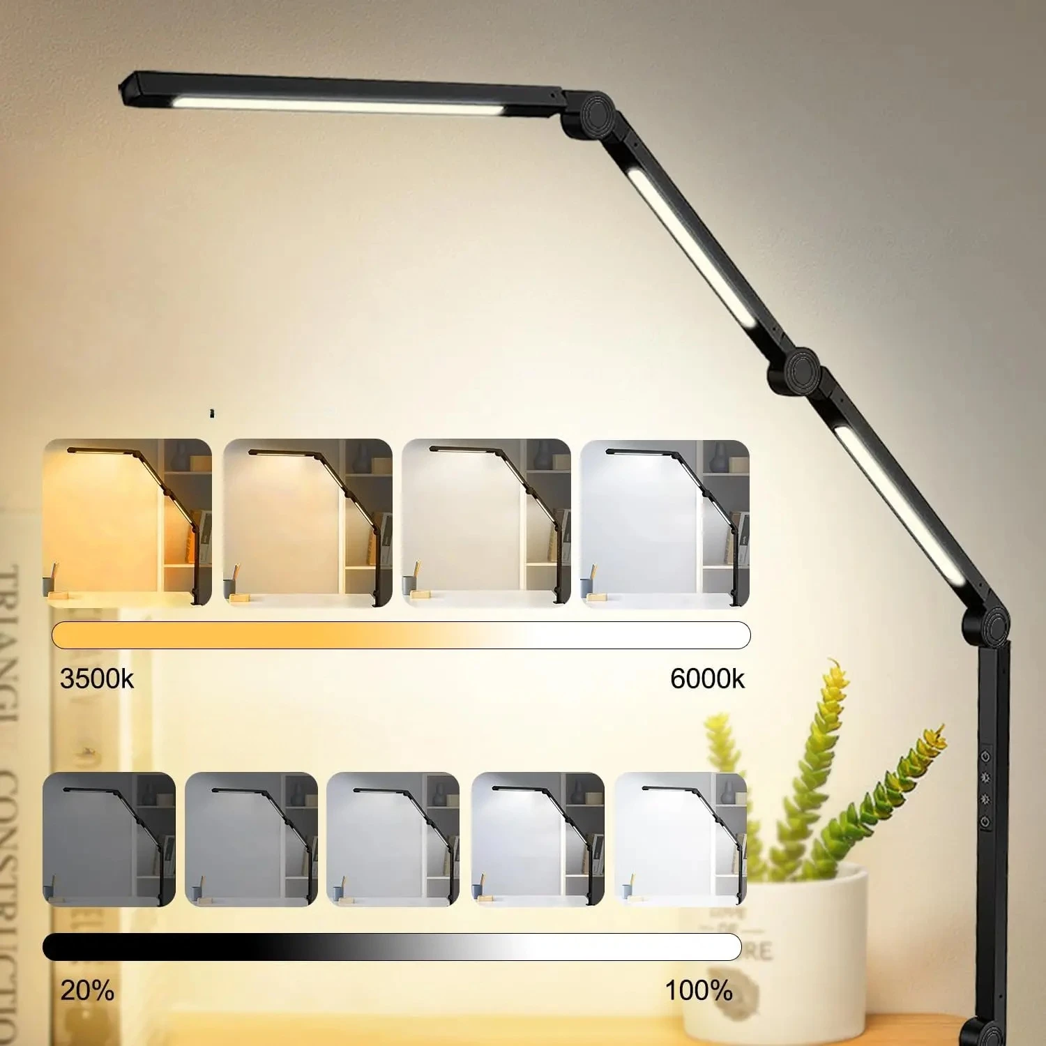 LED Desk Lamp with Clamp Flexible 4 sections Swing Arm Three light sources desk light, 4 Color Modes & 5 Brightness
