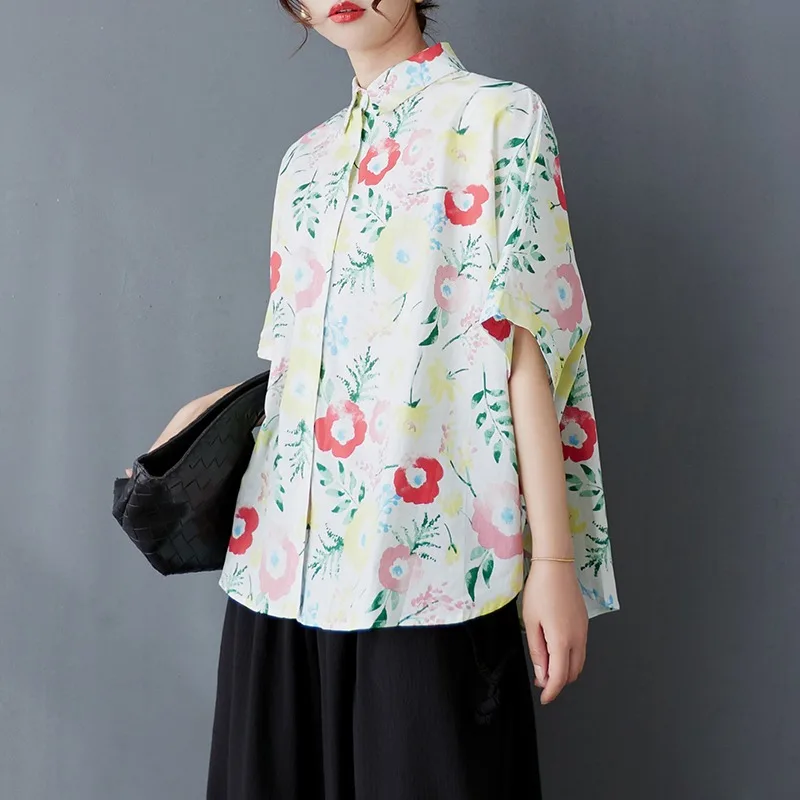 

Artistic print large loose bata shirt square neck fashionable and versatile Japanese and Korean casual trendy top