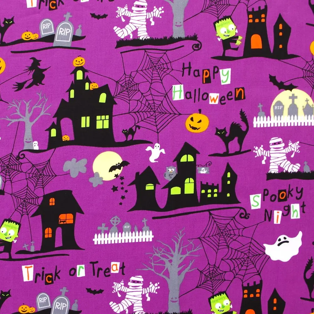 1 Yard Cotton Woven Fabric For Cloth, Bag, Bedding, Happy Halloween - castle, ghost,tree,zombie (Width=145cm）