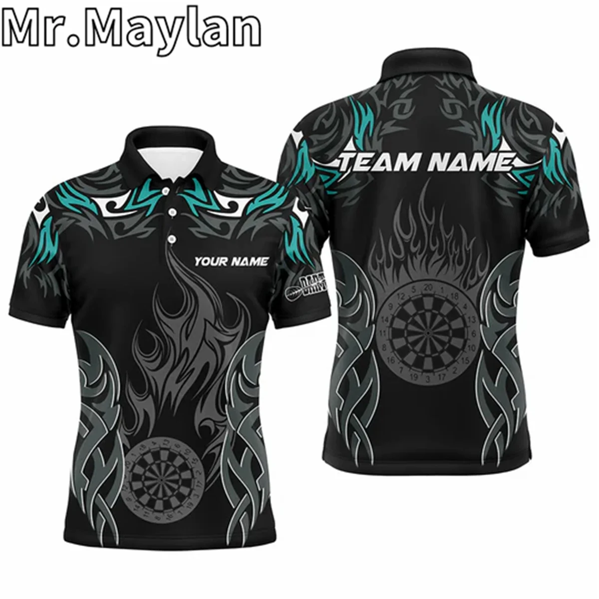 3D Personalized Darts Tournament Jerseys For Men Custom Dartboard Fire Flame Darts Polo Shirts Turquoise Gift For Darts Lovers