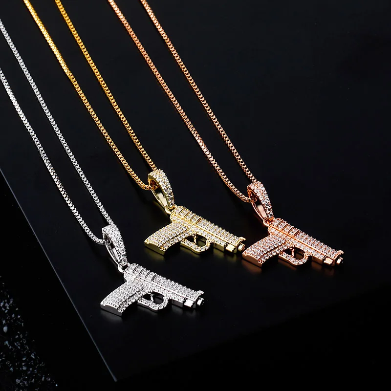 Micro Paved Cubic Zirconia S925 Sterling Silver Bling Ice Out CS GO Gun Pendants Necklaces for Women Men Hip Hop Fashion Jewelry