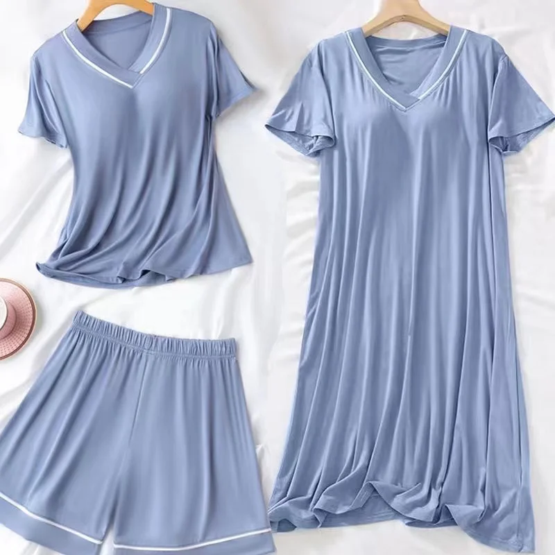 2024 Three piece set of padded pajamas for women in summer, V-neck, no bra, loose fitting short sleeved pajamas can be worn exte