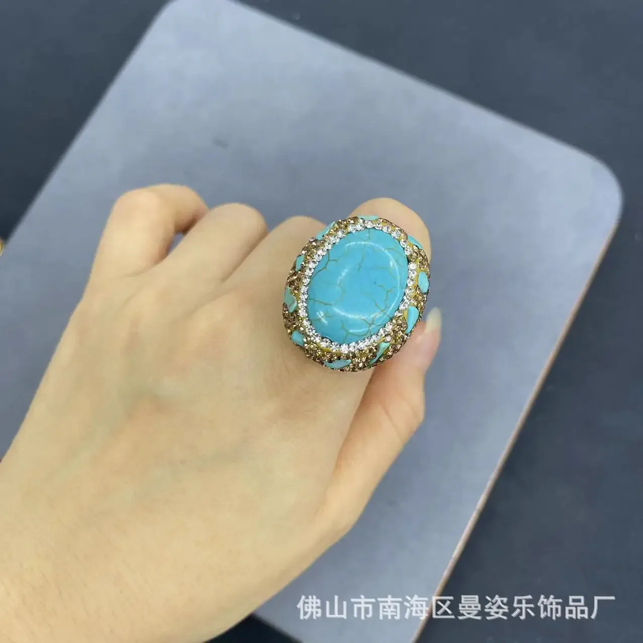 Factory direct sales turquoise ring inlaid with gravel 18K real gold color retention electroplating live ring accessories hot-se