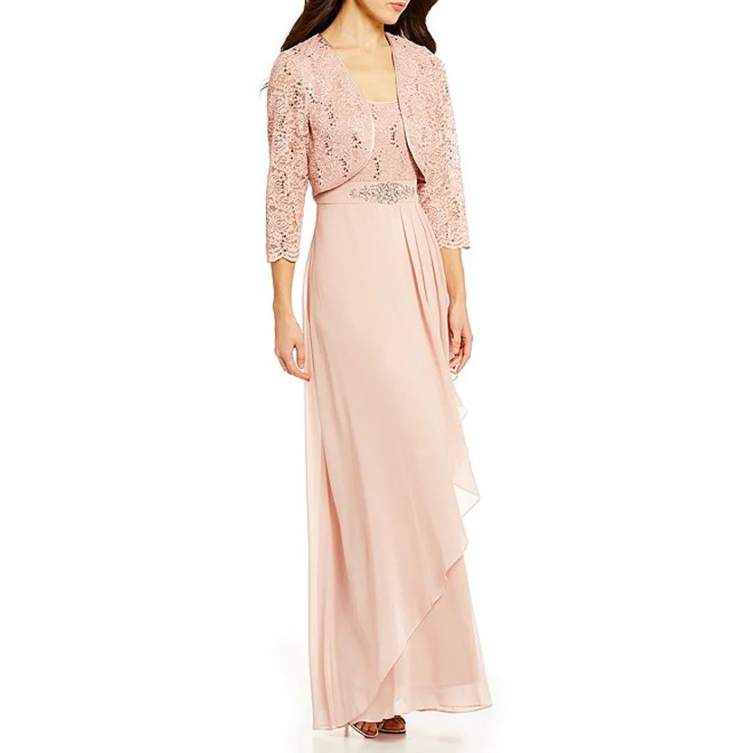 Blush Chiffon Mother of the Bride Dresses for Weddings With Bolero Lace Jacket Draped A-Line Formal Bridal Party Gowns Women