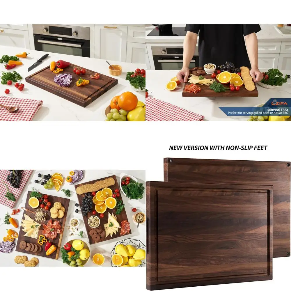 

Thick 17x12 Inch American Dark Walnut Cutting Board with Juice Groove, Handles, and Gift Packaging