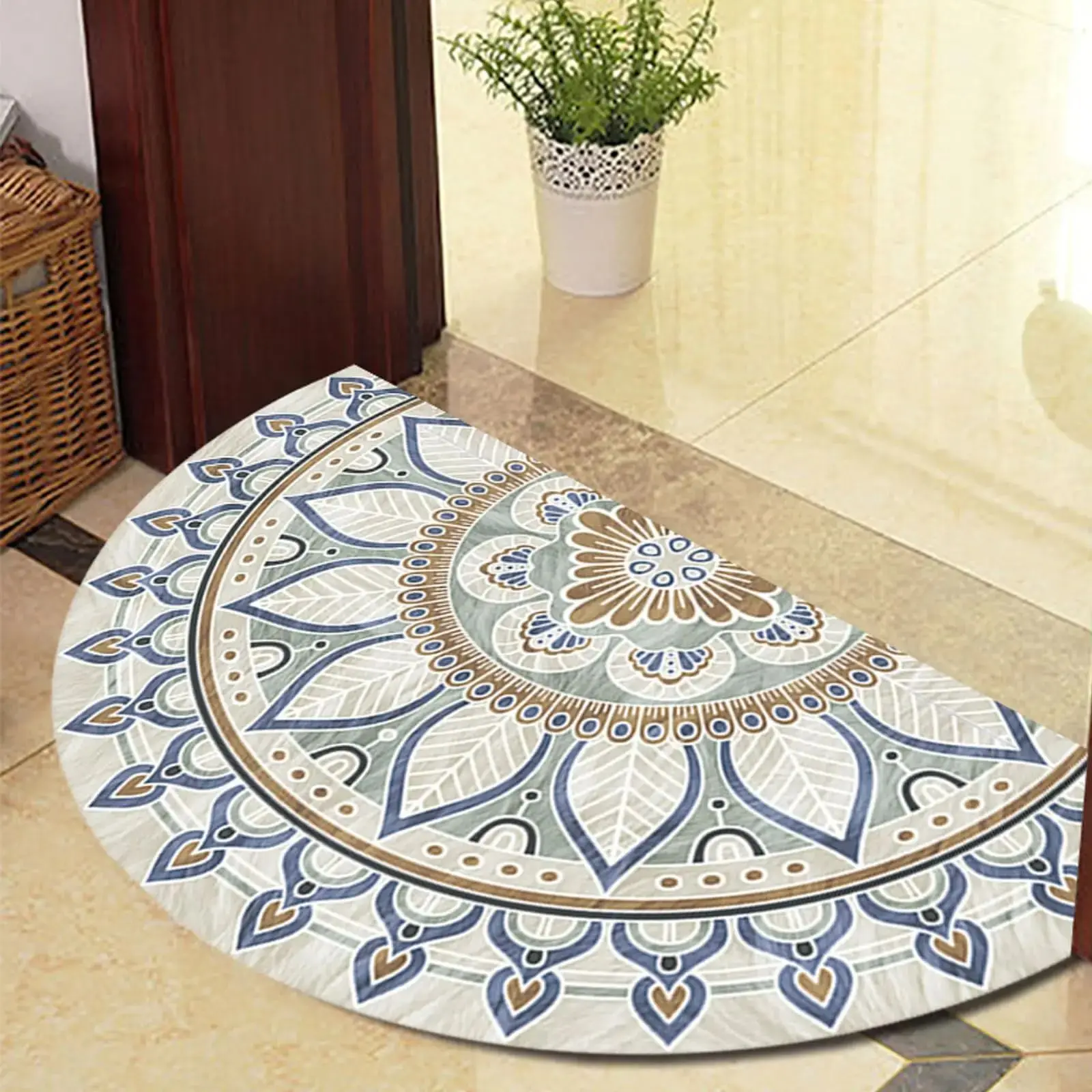 VIKAMA Semi Circle Half Moon Kitchen Rug Non Slip Washable Indoor Doormat Blue Outdoor Carpet