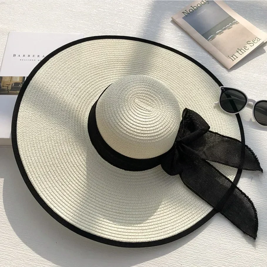 Big Bowkno Summer Fashion Sun Hats Beach Flat Panama Lady Casual Wide Brim Straw Hat Beach Cap Black Bow for Women Accessories